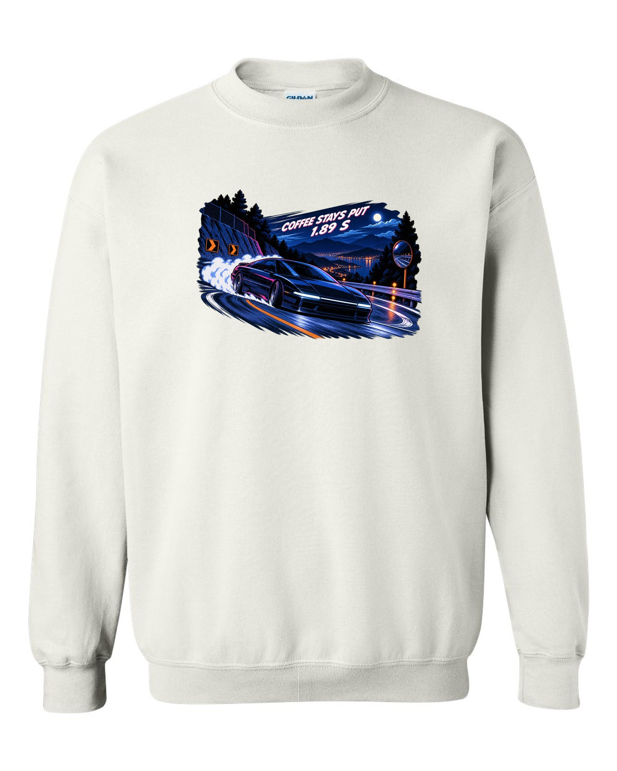 Lucid Air Sapphire cel-shaded 90s anime night touge print with the text coffee stays put 1.89 s white crewneck front view with the design
