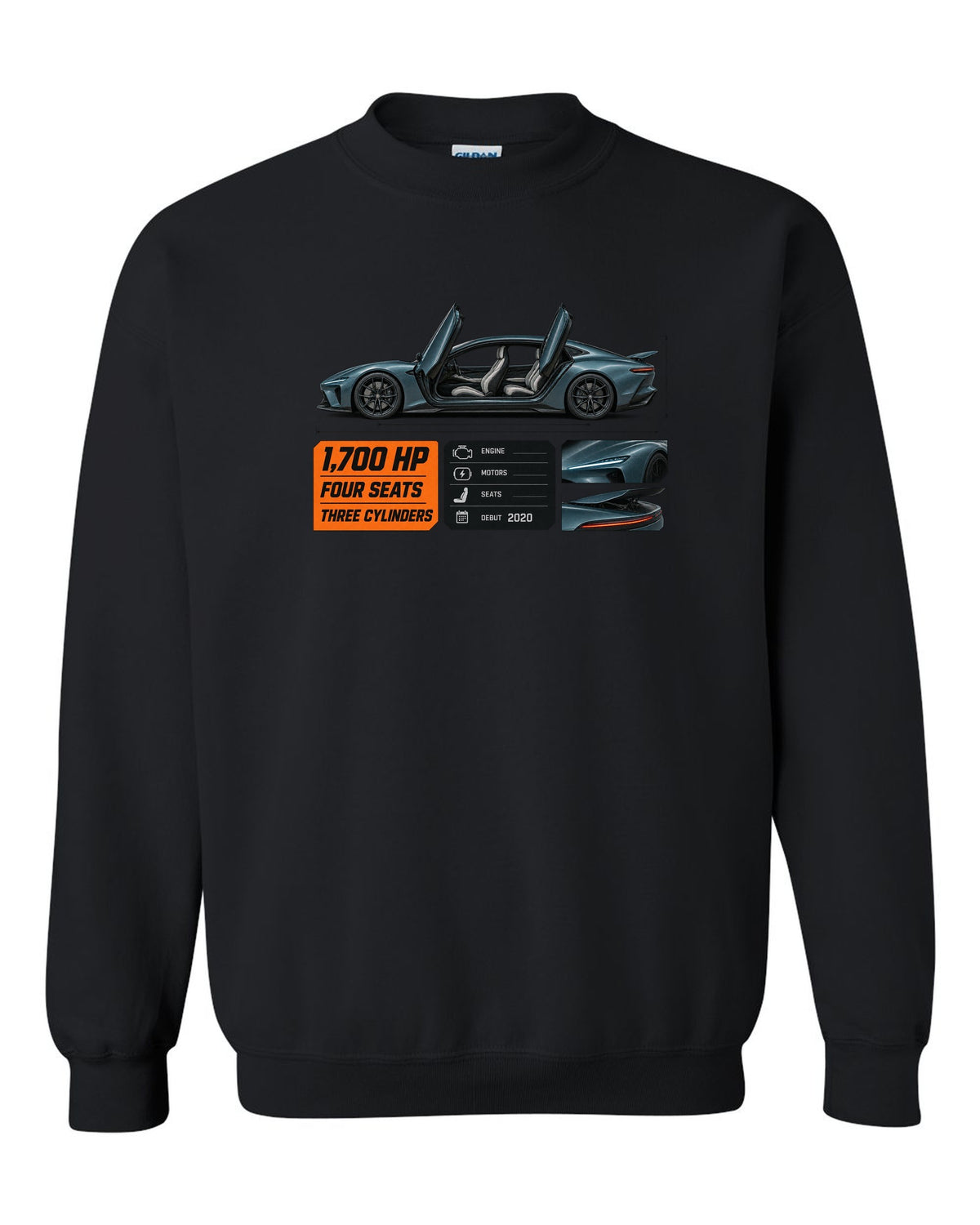 Spec poster of the Koenigsegg Gemera four-seat hypercar, print black crewneck front view with the design