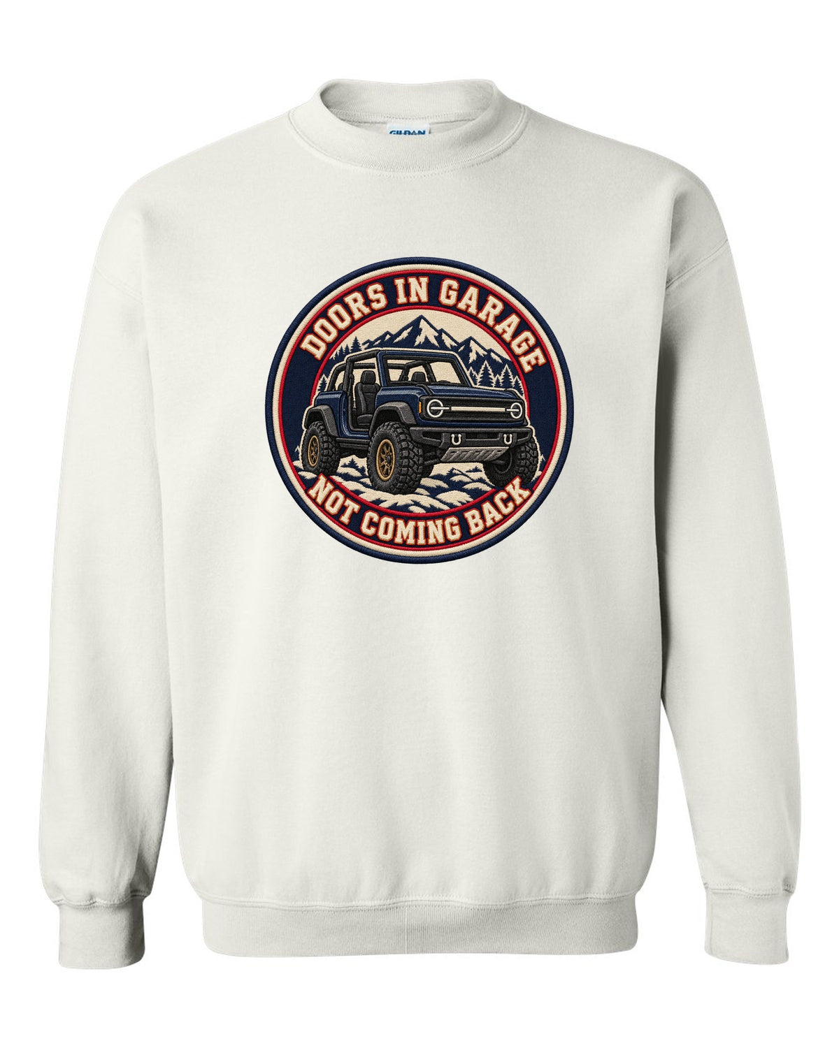 Embroidery-style varsity crest of a 2021 Ford Bronco with doors and roof off at the beach white crewneck front view with the design