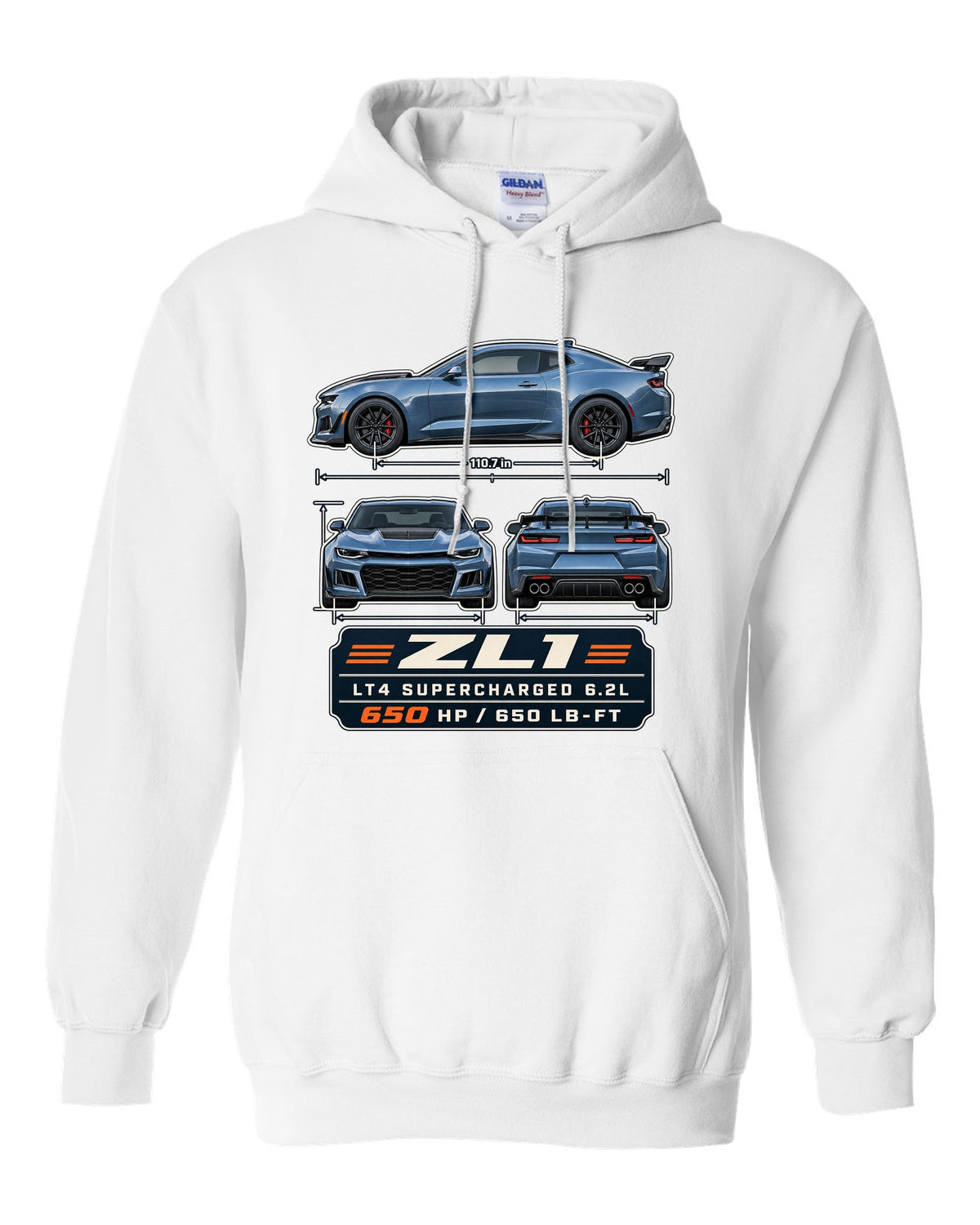 Three-view plate print of a 6th generation Chevrolet Camaro ZL1 white pull over hoodie front view with the design