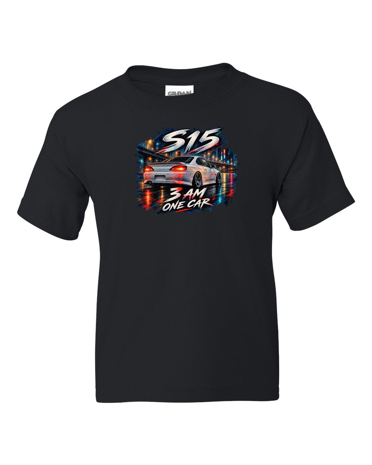 Watercolour wet-road night scene of a Nissan Silvia S15 at 3 AM black kids tee front view with the design