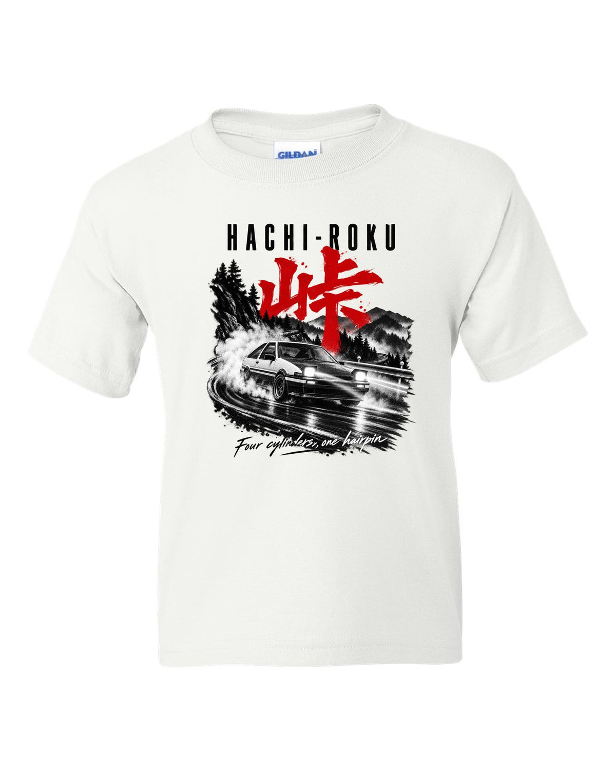 print of a Toyota AE86 Sprinter Trueno on a night touge with Hachi-Roku lettering and a hairpin bend white kids tee front view with the design