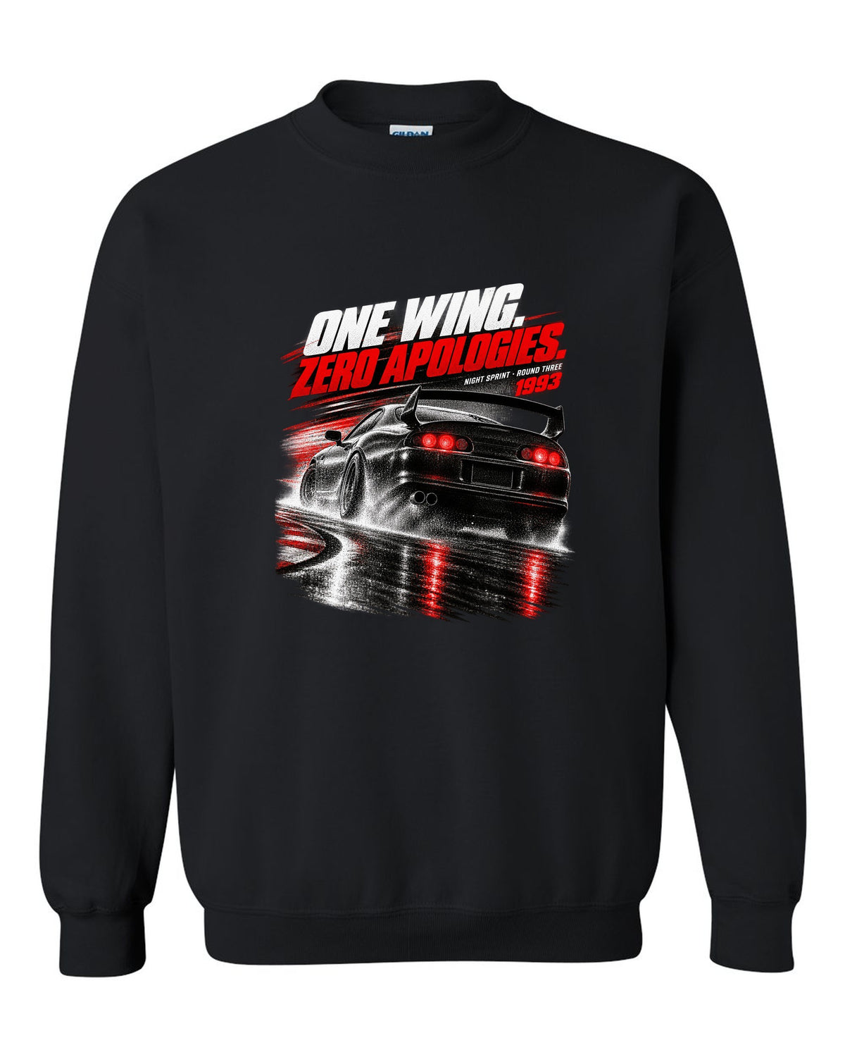 Race poster print of a Toyota Supra A80 JZA80 rear with the text One Wing Zero Apologies Round Three black crewneck front view with the design