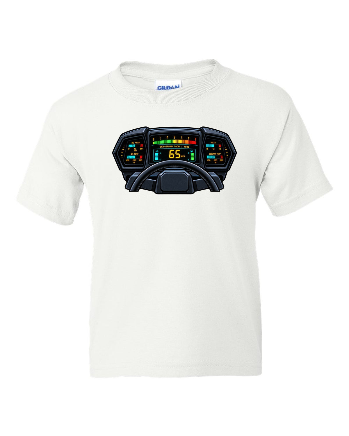 Gauge cluster HUD style print of a 1985 Chevrolet Corvette C4 digital dash with bar-graph tach white kids tee front view with the design