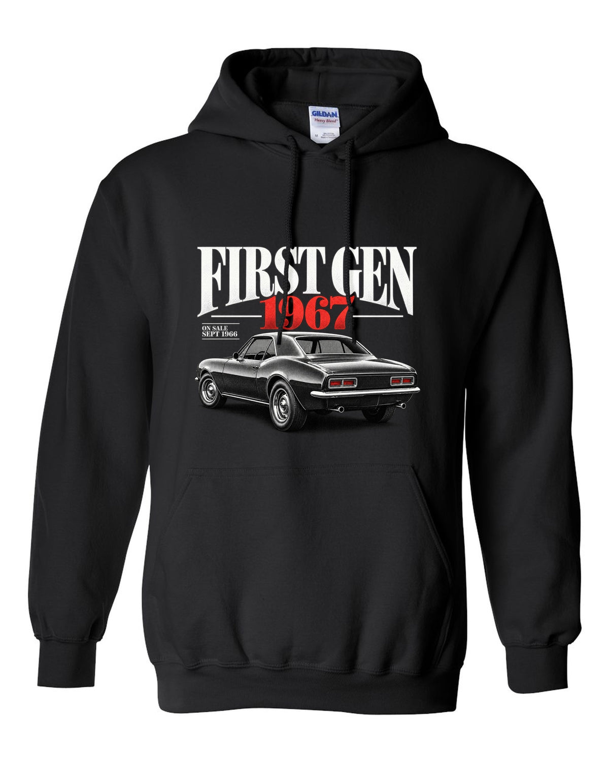 Editorial headline print of a 1967 first-gen Chevrolet Camaro with September 1966 on-sale date black pull over hoodie front view with the design