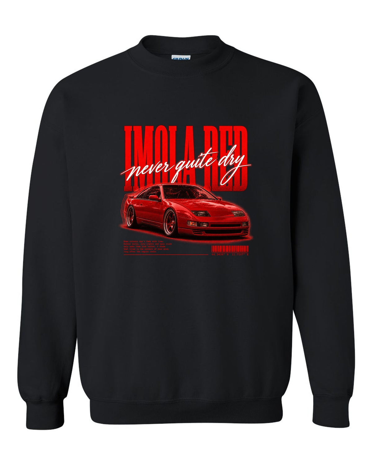 BMW E36 M3 coupe Imola Red street poster print with never quite dry text black crewneck front view with the design