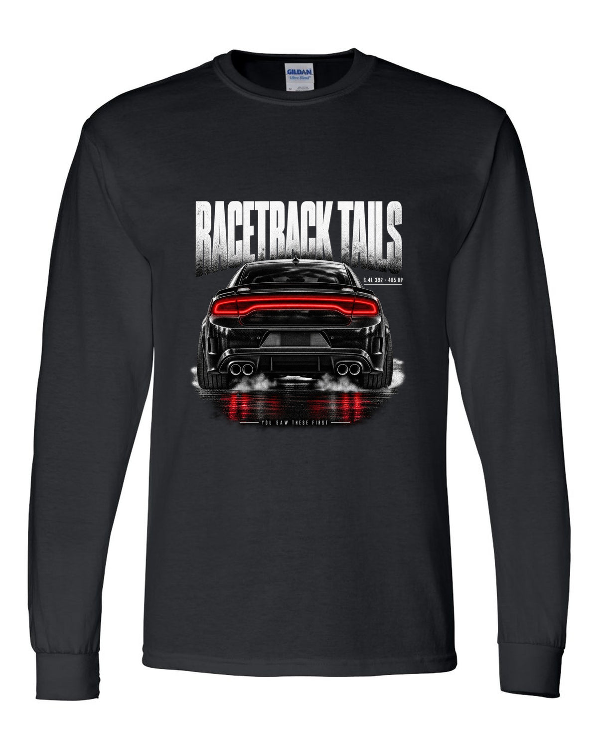 Taillight macro print of a 2016 Dodge Charger Scat Pack LX/LD with 6.4L 392 and 485 HP text black long sleeve front view with the design