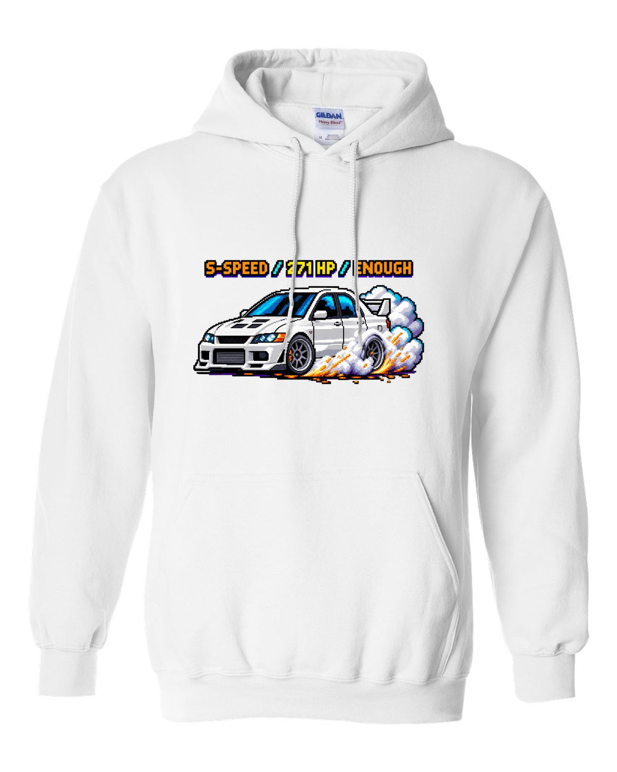 8-bit pixel art Mitsubishi Lancer Evolution VIII CT9A with launch control stats white pull over hoodie front view with the design
