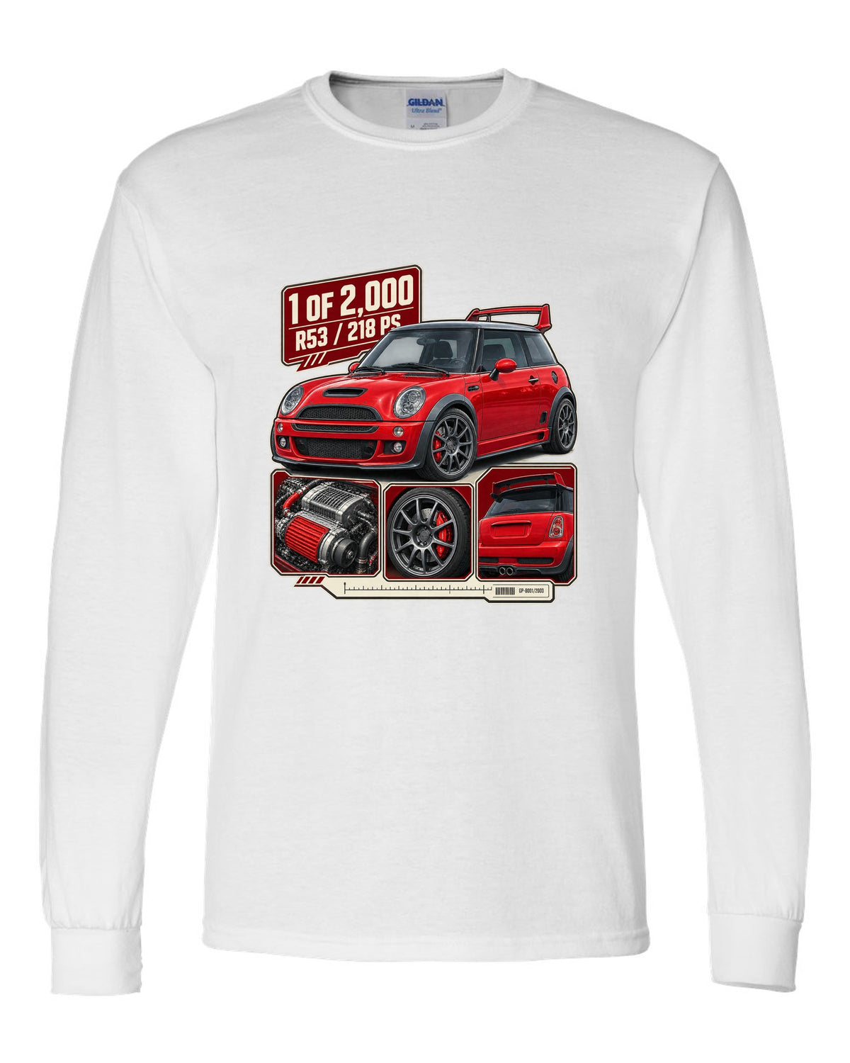 Dossier panel print for the Mini Cooper S Works GP R53 2006 showing 1 of 2,000 white long sleeve front view with the design