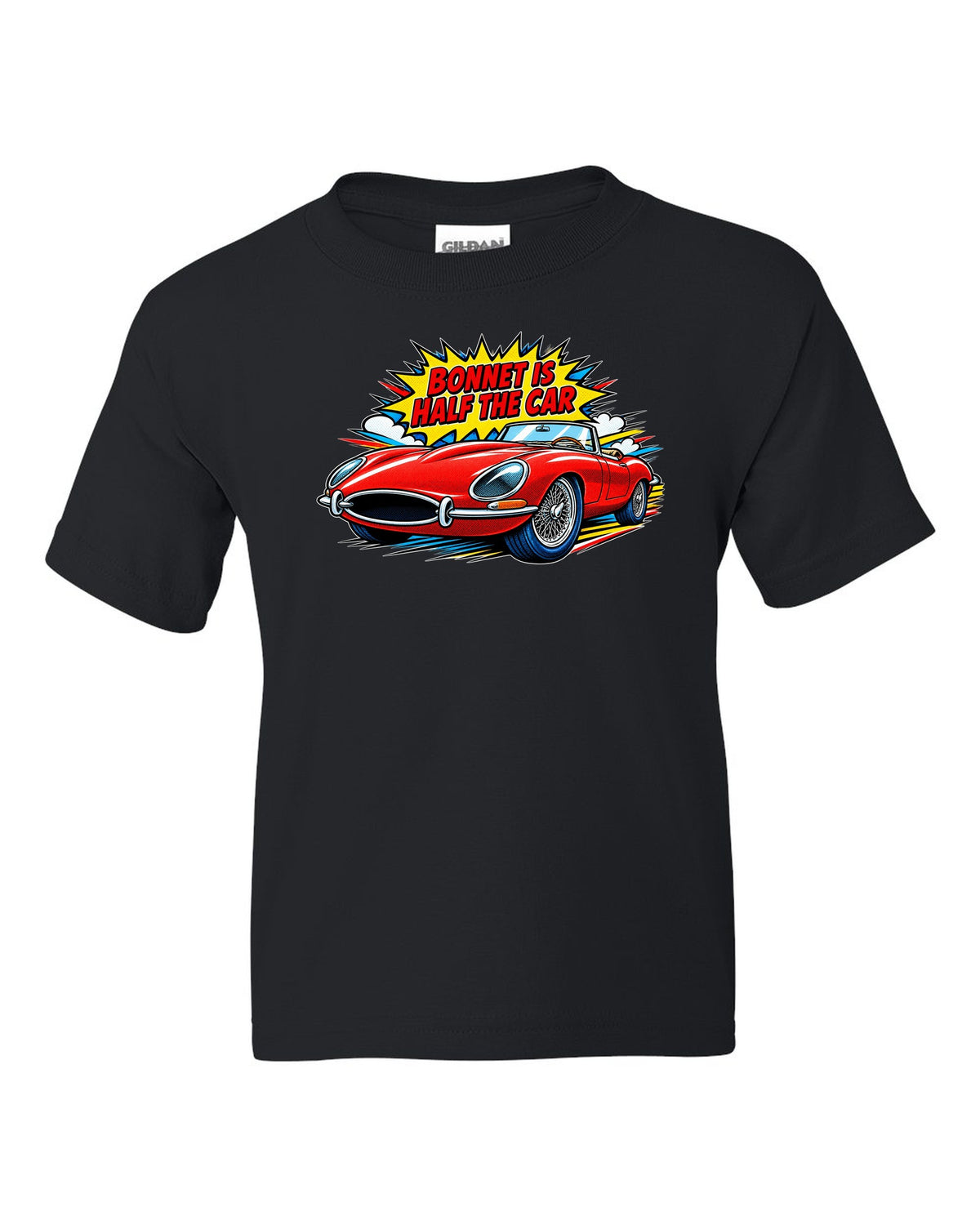 Comic halftone pop art print of a 1961 Jaguar E-Type Series 1 with bonnet is half the car lettering black kids tee front view with the design
