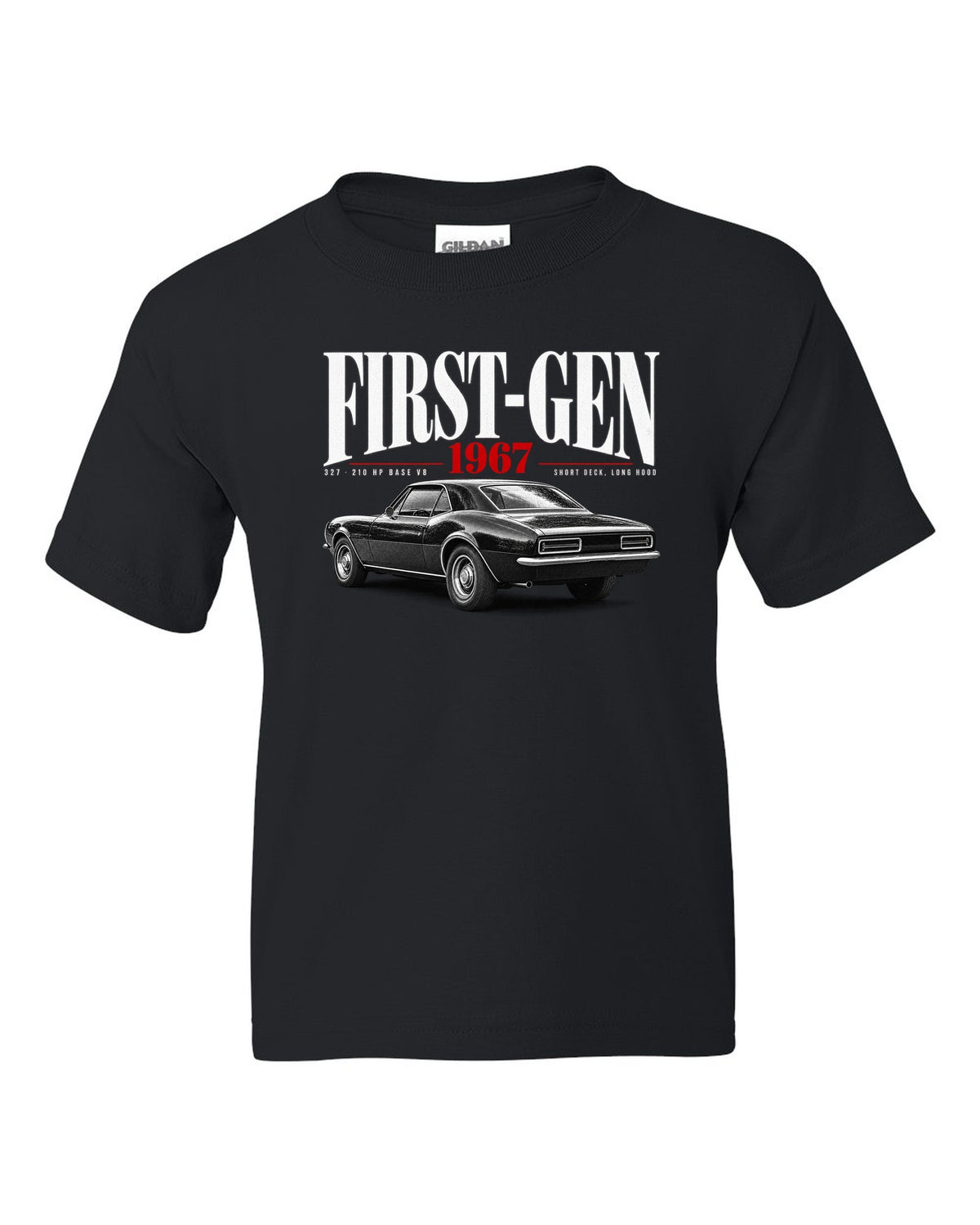Editorial-style print of a 1967 Chevrolet Camaro RS with first-gen and 327 V8 caption black kids tee front view with the design