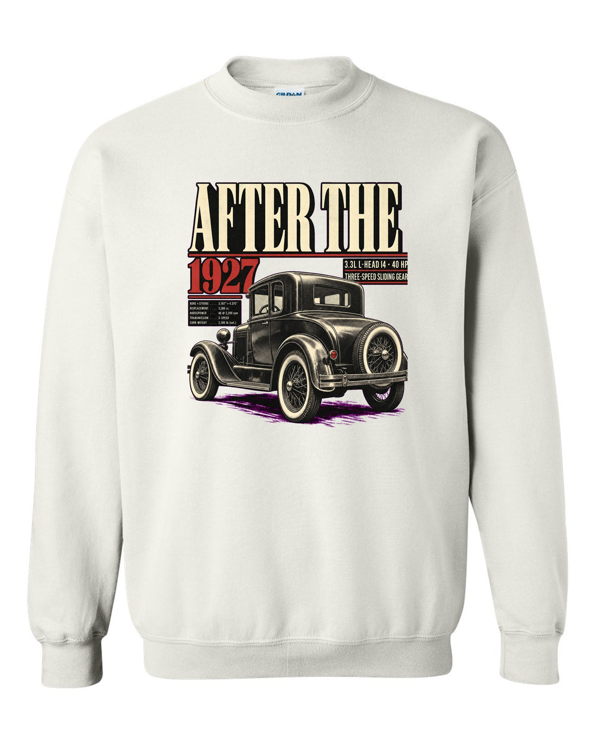 Editorial headline print of a Ford Model A coupe with spec lines white crewneck front view with the design