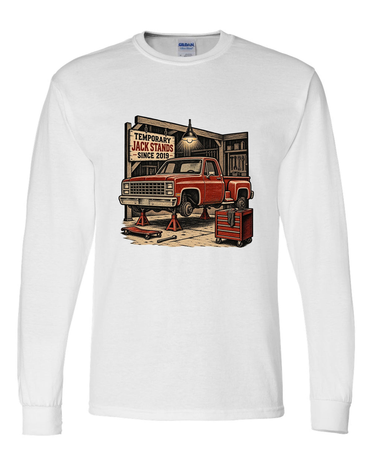 Linocut woodcut style print of a 1973-87 Chevrolet C10 Squarebody Stepside in a workshop with jack stands lettering white long sleeve front view with the design