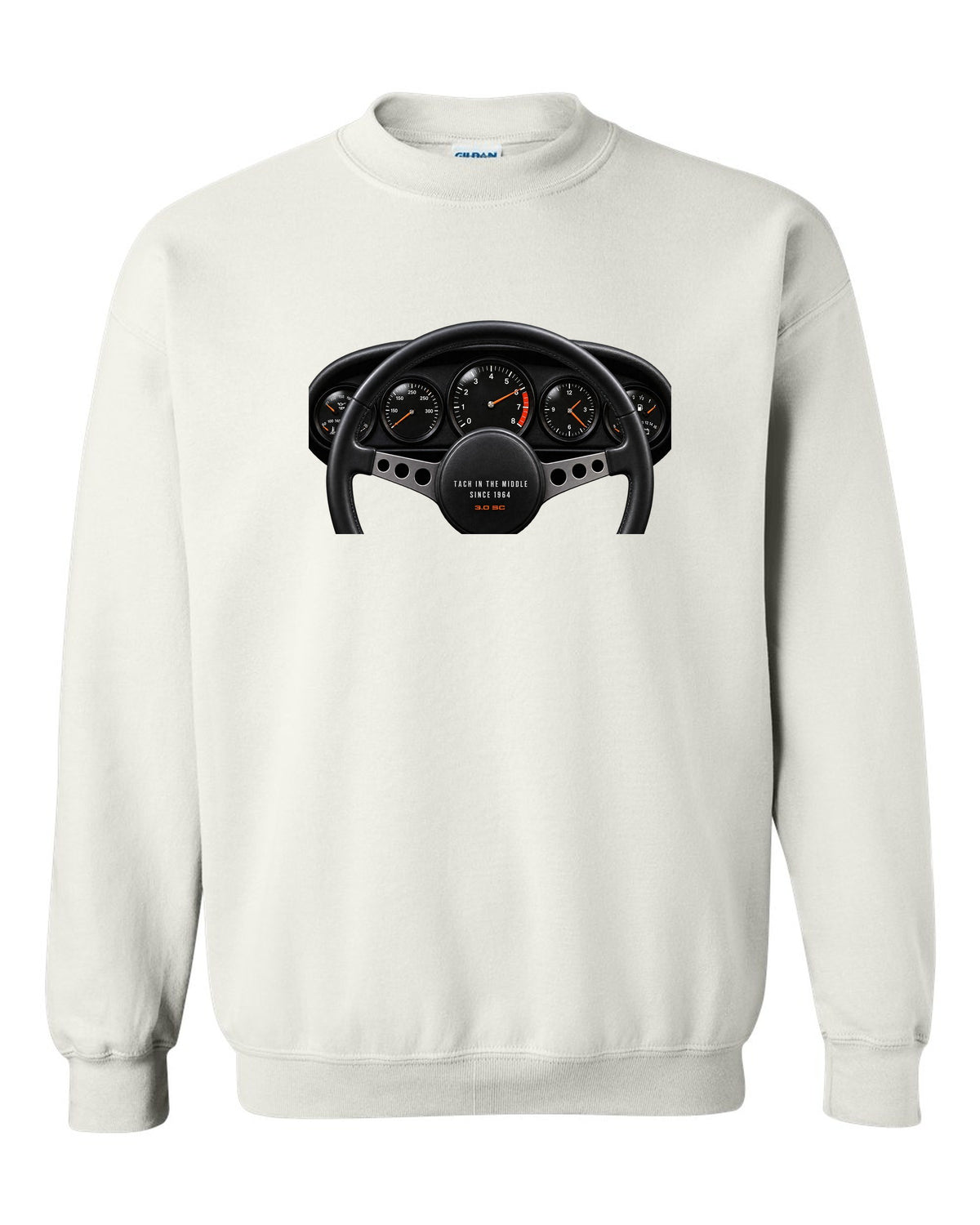 Cockpit gauge print of a Porsche 911 SC Targa with centre tachometer and the line Tach In The Middle Since 1964 white crewneck front view with the design
