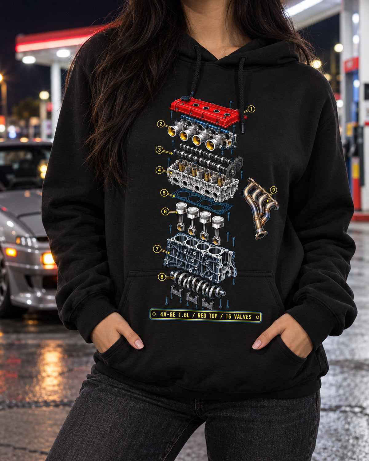 Toyota AE86 Corolla Levin 4A-GE Exploded Blueprint Tee Pull Over Hoodie Black worn hero