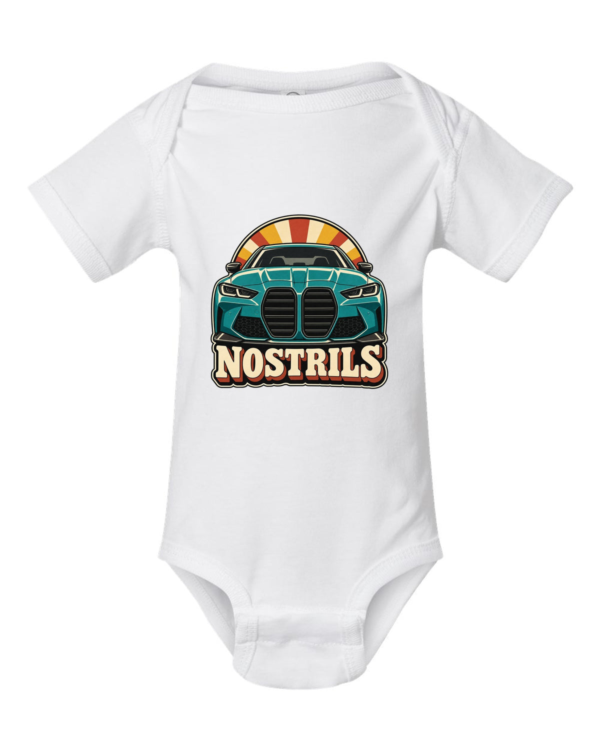 BMW G80 M3 retro catalogue ad style print with Nostrils text white baby onesie front view with the design