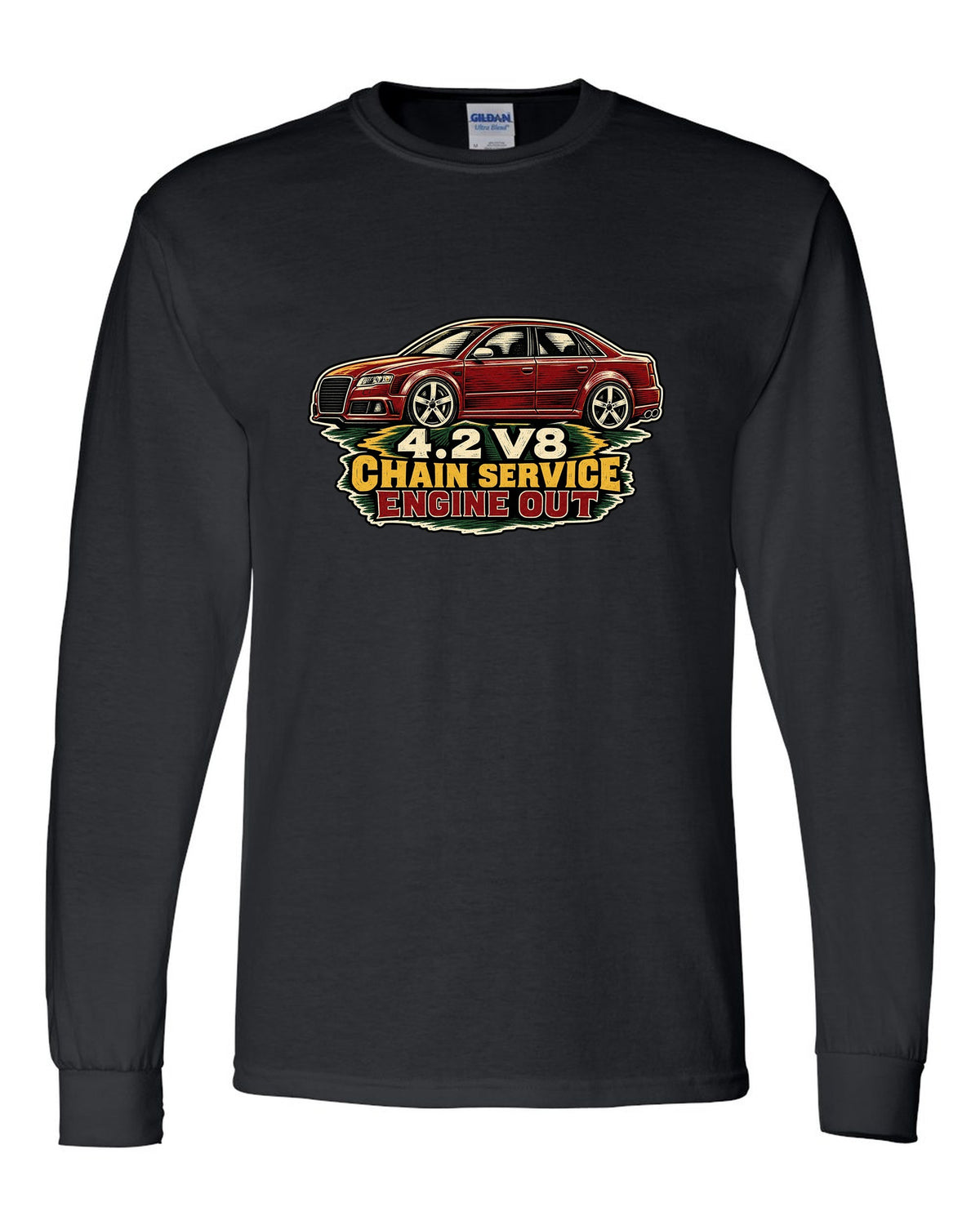 Linocut style print of an Audi S4 B7 sedan with 4.2 V8 chain service text black long sleeve front view with the design