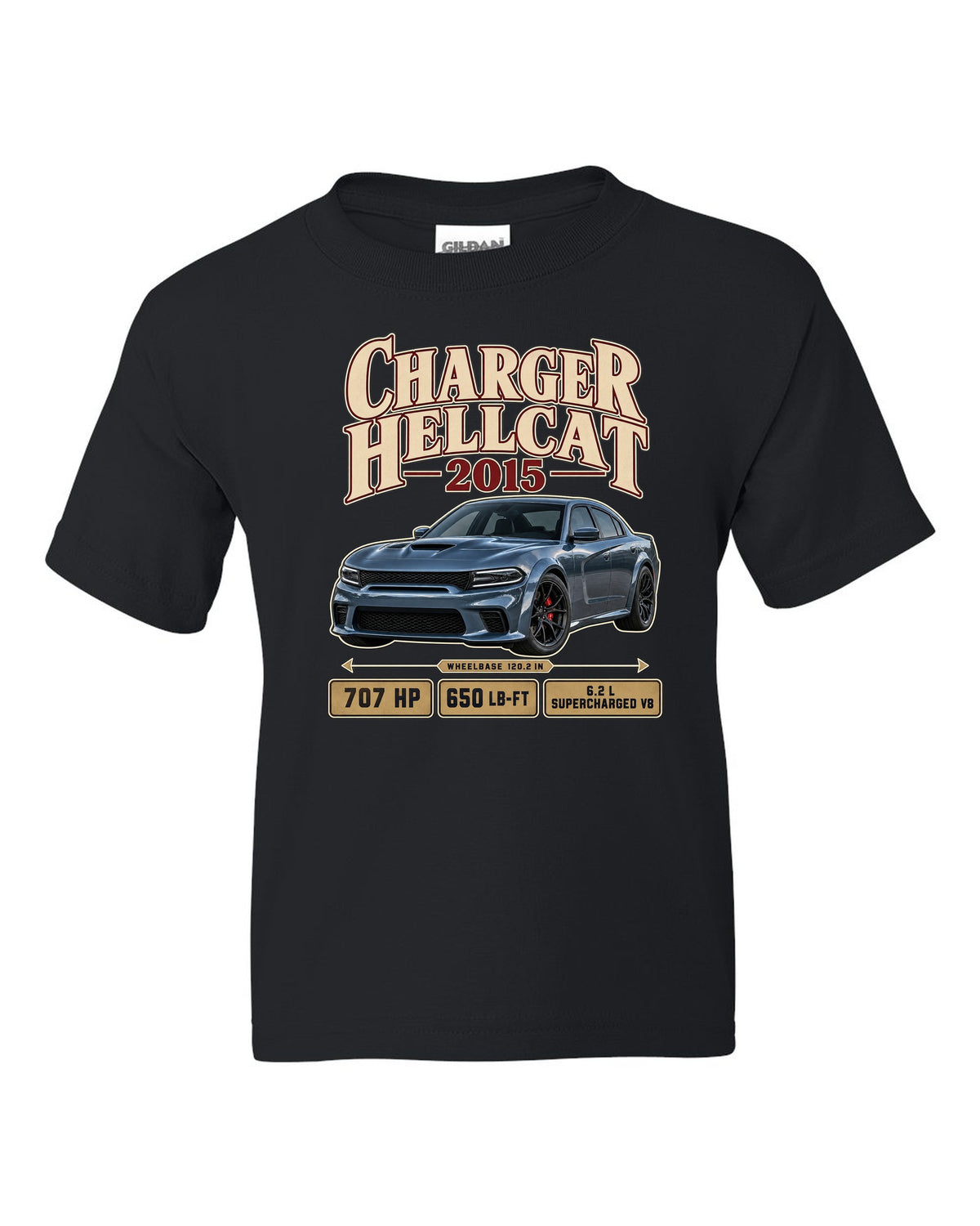 print of a 2015 Dodge Charger SRT Hellcat in an archive panel layout black kids tee front view with the design