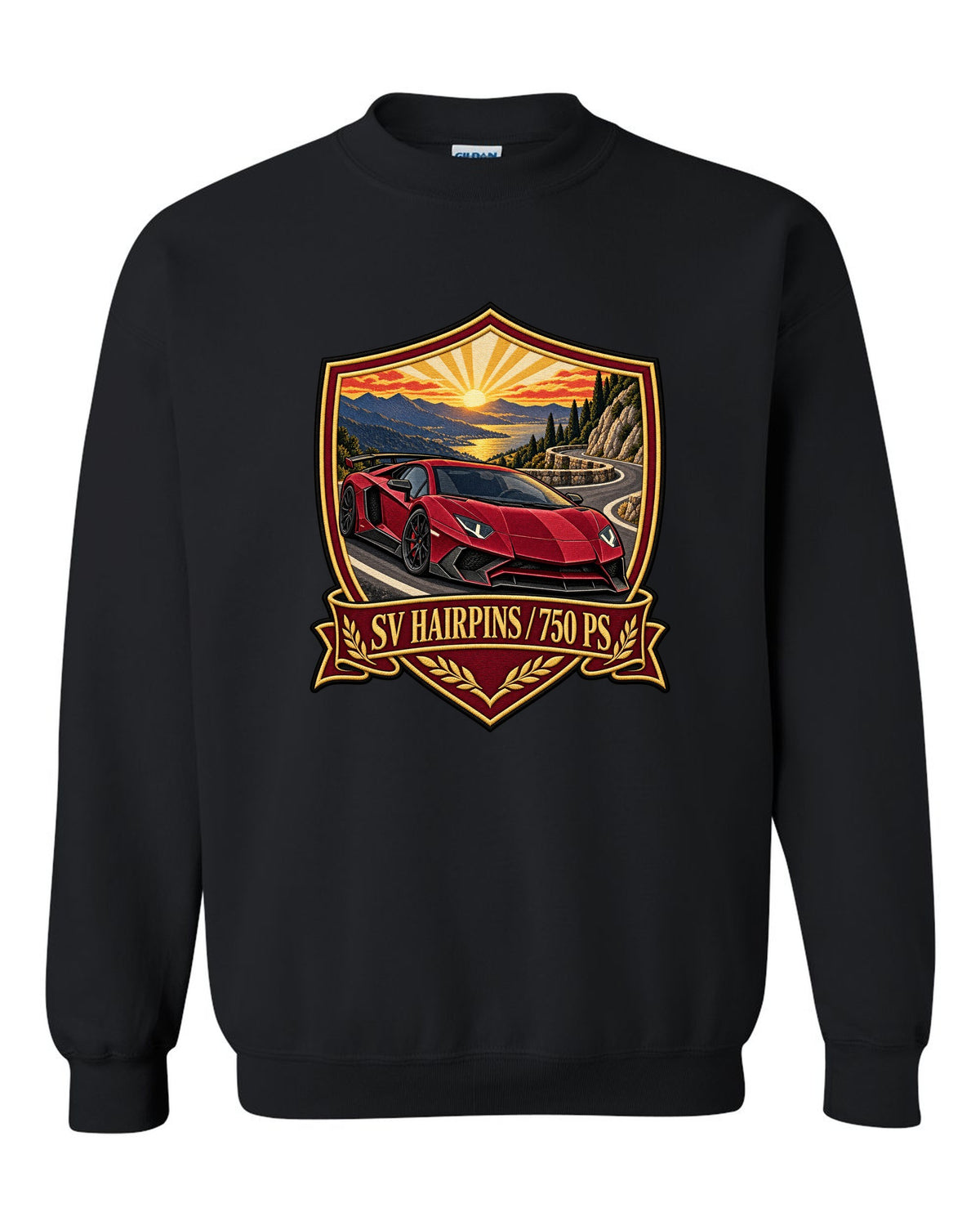 Embroidery-style shield crest of a Lamborghini Aventador LP750-4 SV on a golden hour hairpin black crewneck front view with the design