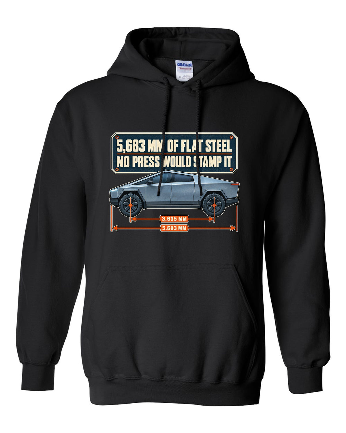 Dimension blueprint print of a Tesla Cybertruck with 5,683 mm length black pull over hoodie front view with the design