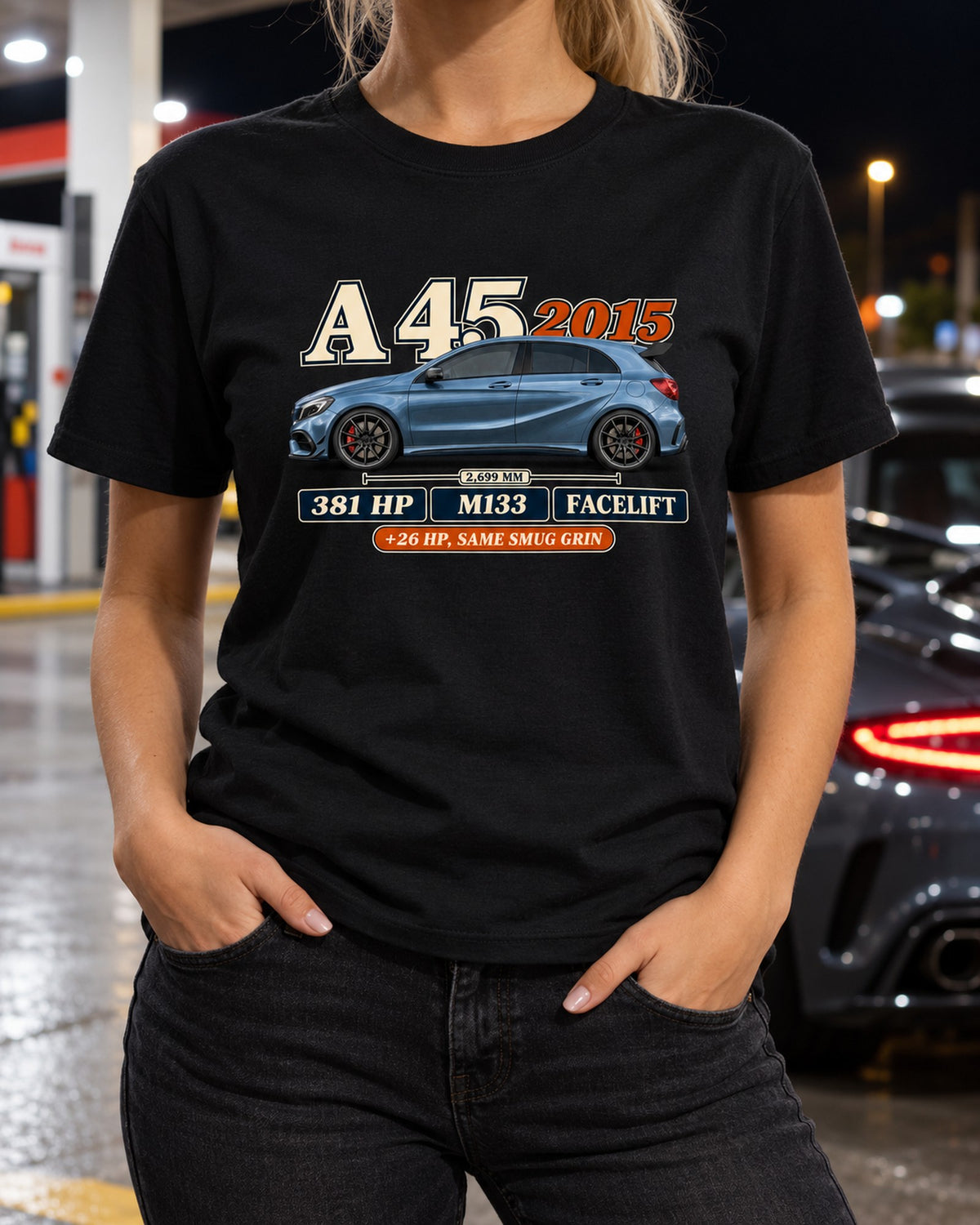 A45 AMG W176 Facelift Archive Panel Shirt, 2015 Hot Hatch T-Shirt Black worn hero