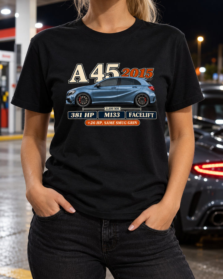 A45 AMG W176 Facelift Archive Panel Shirt, 2015 Hot Hatch T-Shirt Black worn hero