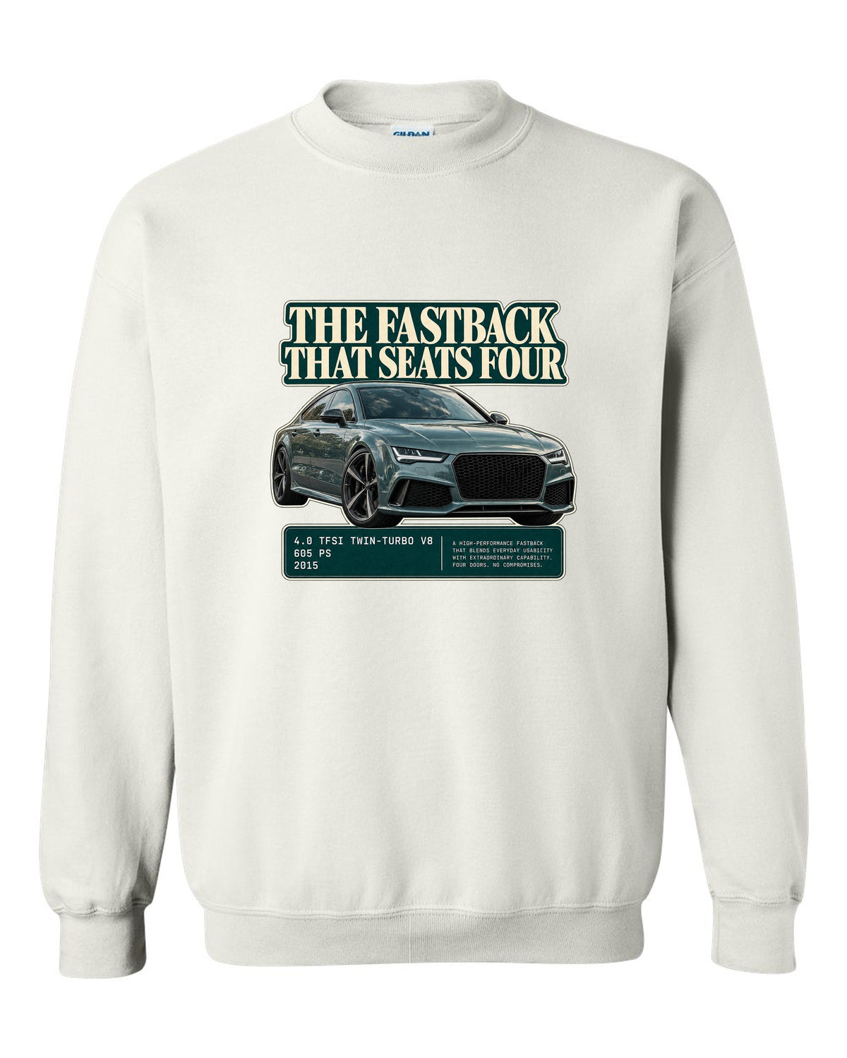 Audi RS7 Sportback C7 editorial headline print on a tee white crewneck front view with the design