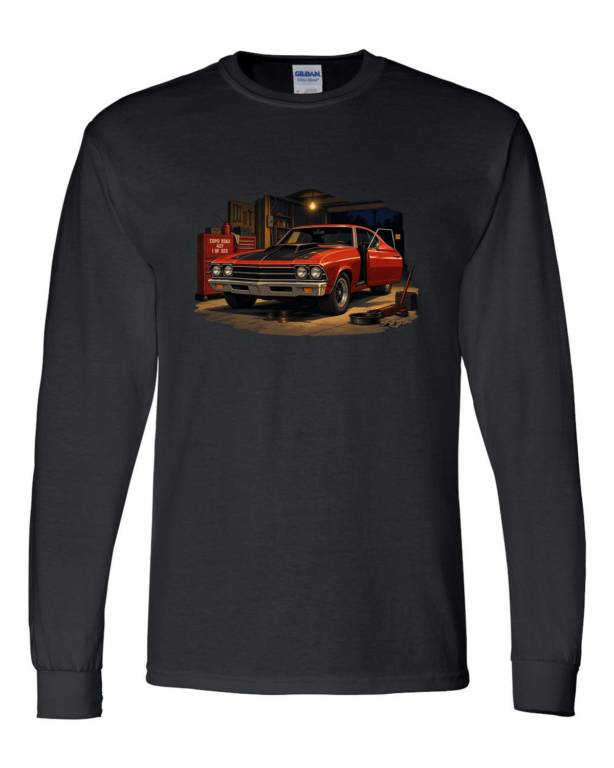 Cel-shaded anime print of a 1969 Chevelle COPO in a night garage with the text COPO 9562, 427, 1 of 323 black long sleeve front view with the design