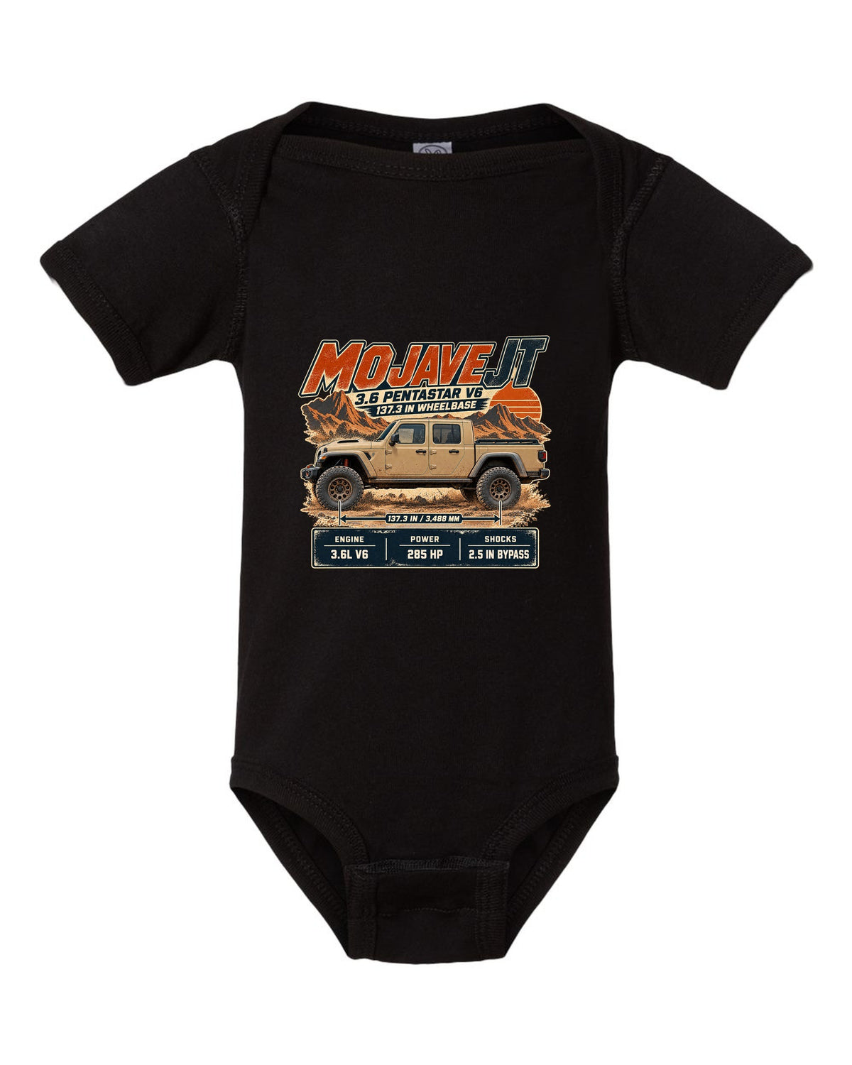 Spec poster print for the Jeep Gladiator Mojave JT with engine and wheelbase black baby onesie front view with the design