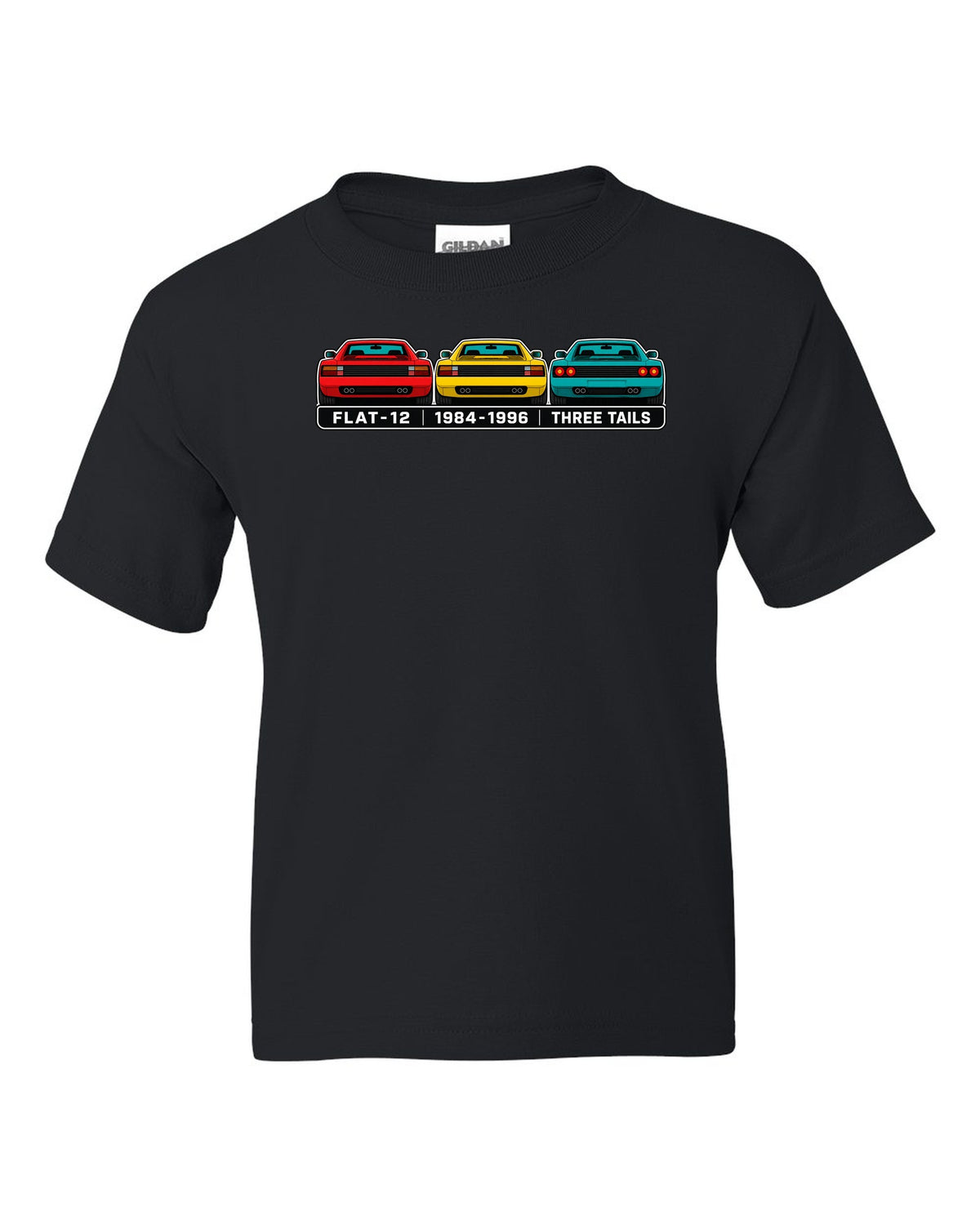 Flat colour infographic of Ferrari Testarossa, 512 TR and F512 M tail ends black kids tee front view with the design