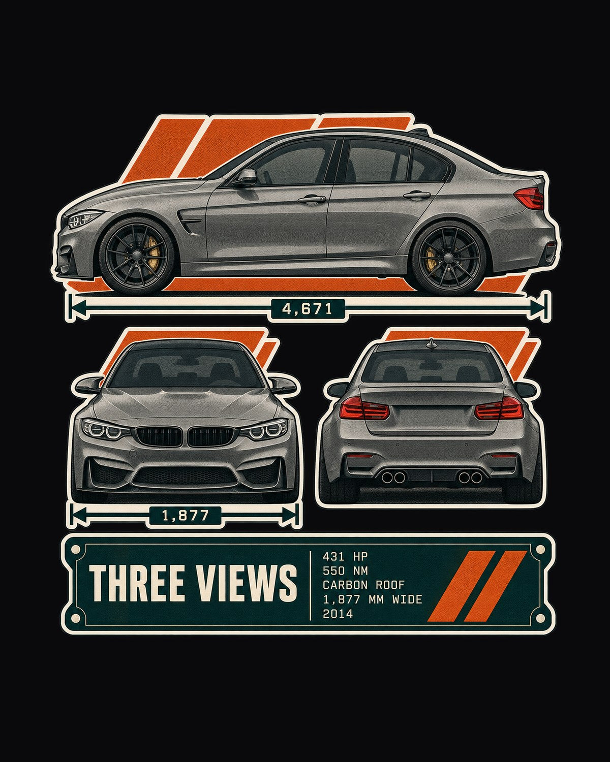 BMW M3 F80 Three-View Spec Sheet Shirt for Owners design only