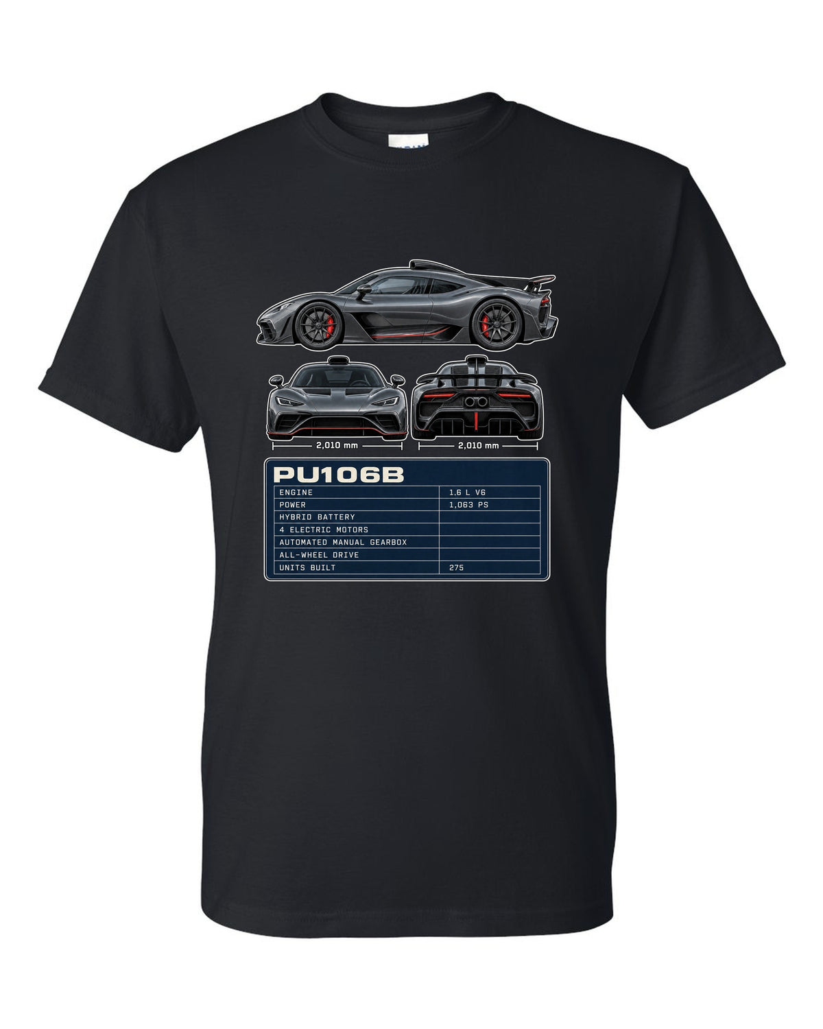 Mercedes-AMG One three-view drawing with PU106B spec table black t-shirt front view with the design
