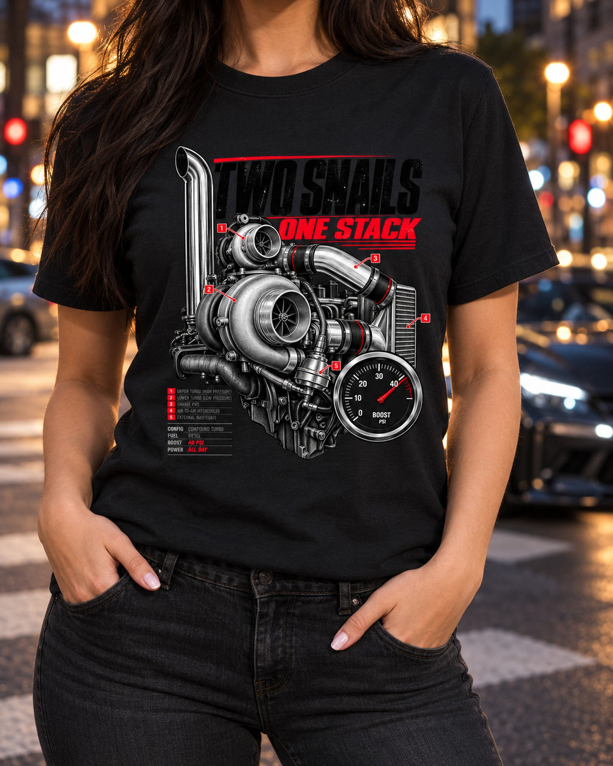 Compound Turbo Boost Gauge Shirt, Diesel Pickup print T-Shirt Black worn hero