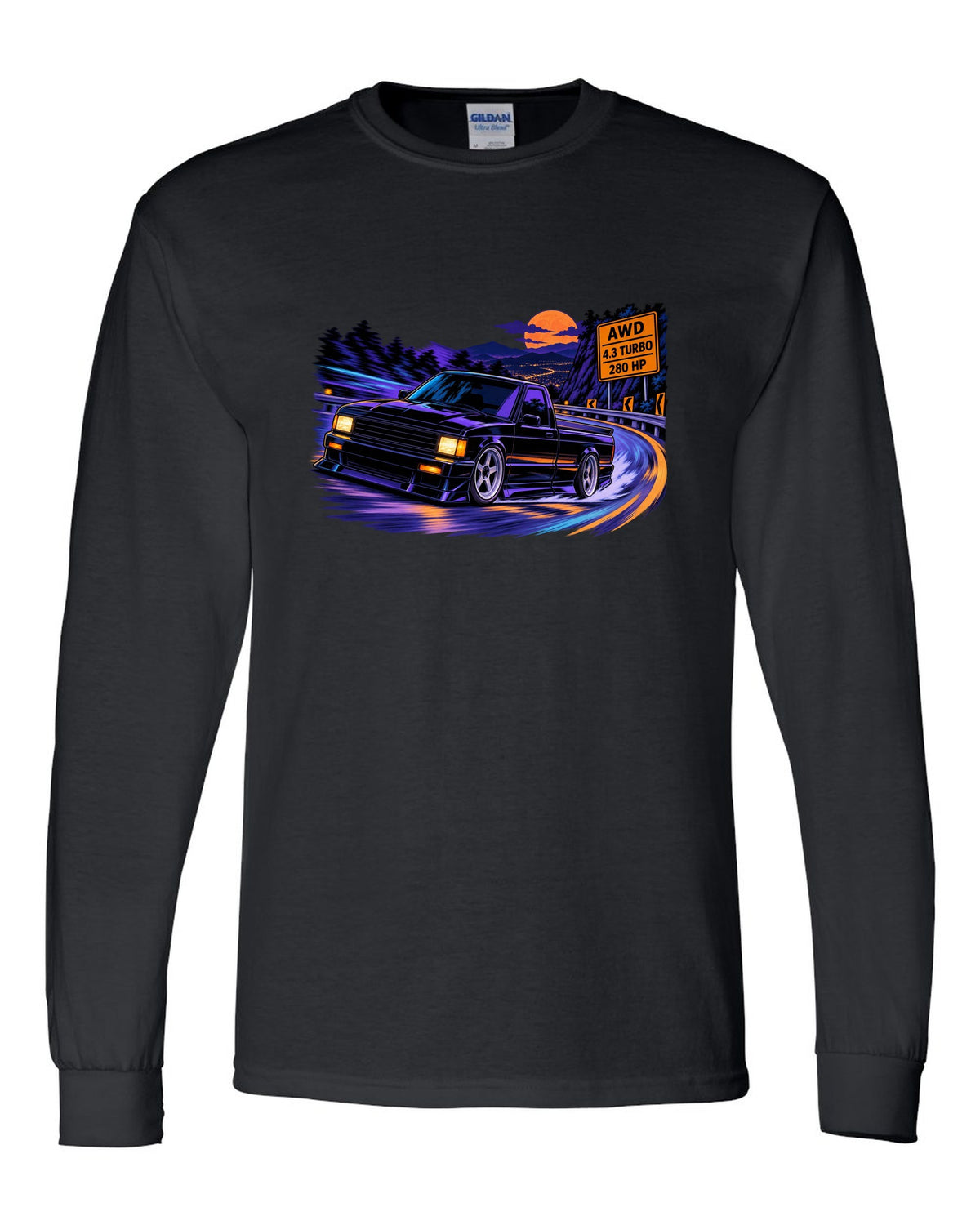 Cel-shaded anime night mountain road print of a 1991 GMC Syclone with AWD 4.3 turbo 280 HP lettering black long sleeve front view with the design