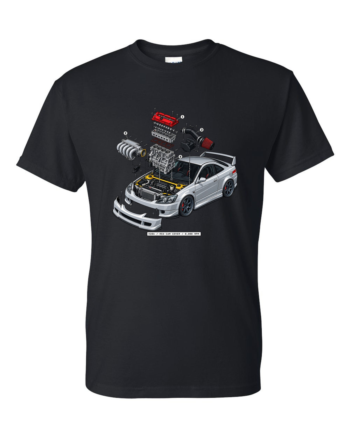 Exploded K20A engine diagram print of a 2002 Honda Integra DC5 ch with red cam cover text black t-shirt front view with the design