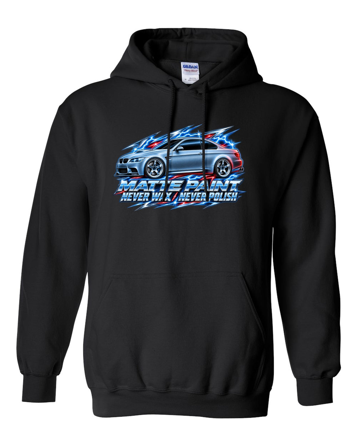 80s chrome airbrush print of a BMW E92 M3 coupe with matte paint never wax never polish text black pull over hoodie front view with the design