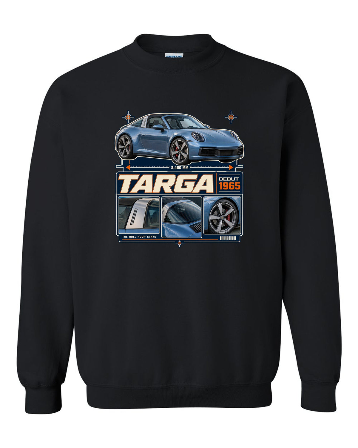 Dossier panel print of a Porsche 911 Targa 4S 992 with roll hoop black crewneck front view with the design