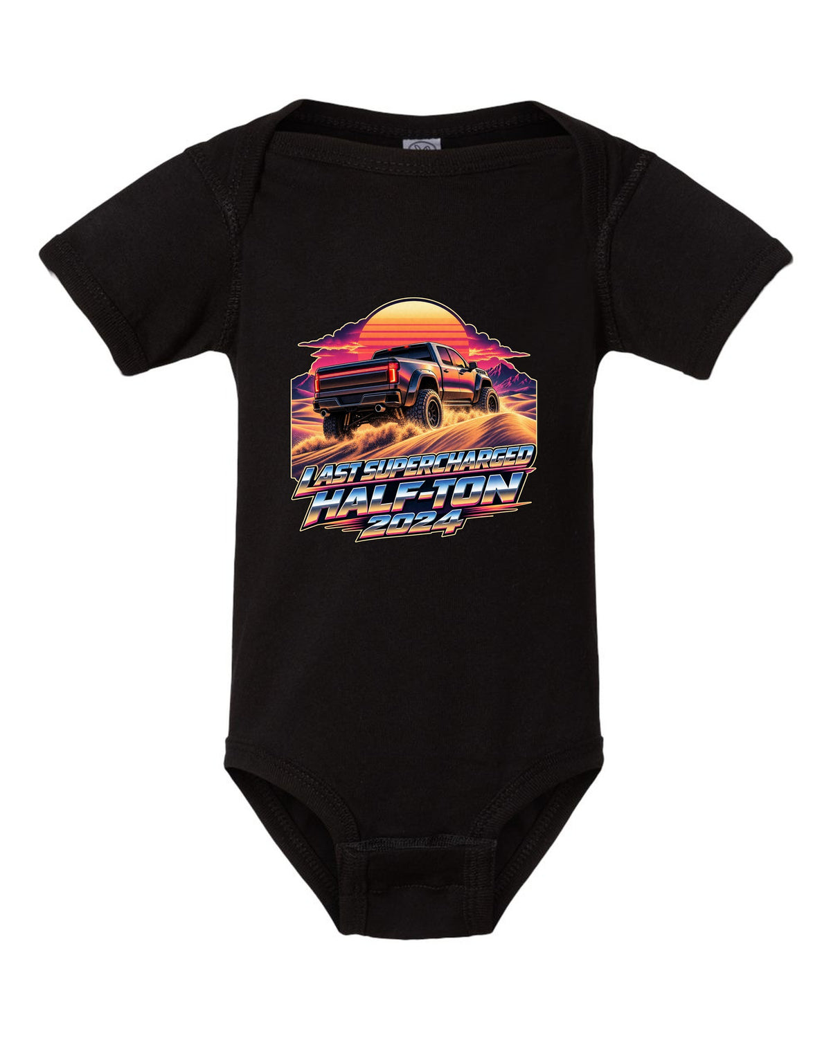 Retro 80s sunset print of a Ram 1500 TRX Final Edition on dunes black baby onesie front view with the design