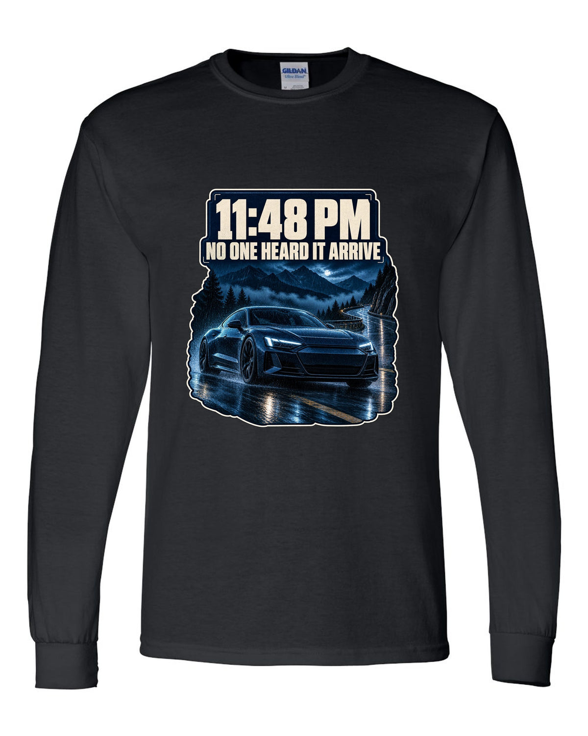 Audi RS e-tron GT on a wet night street blue monochrome print design black long sleeve front view with the design