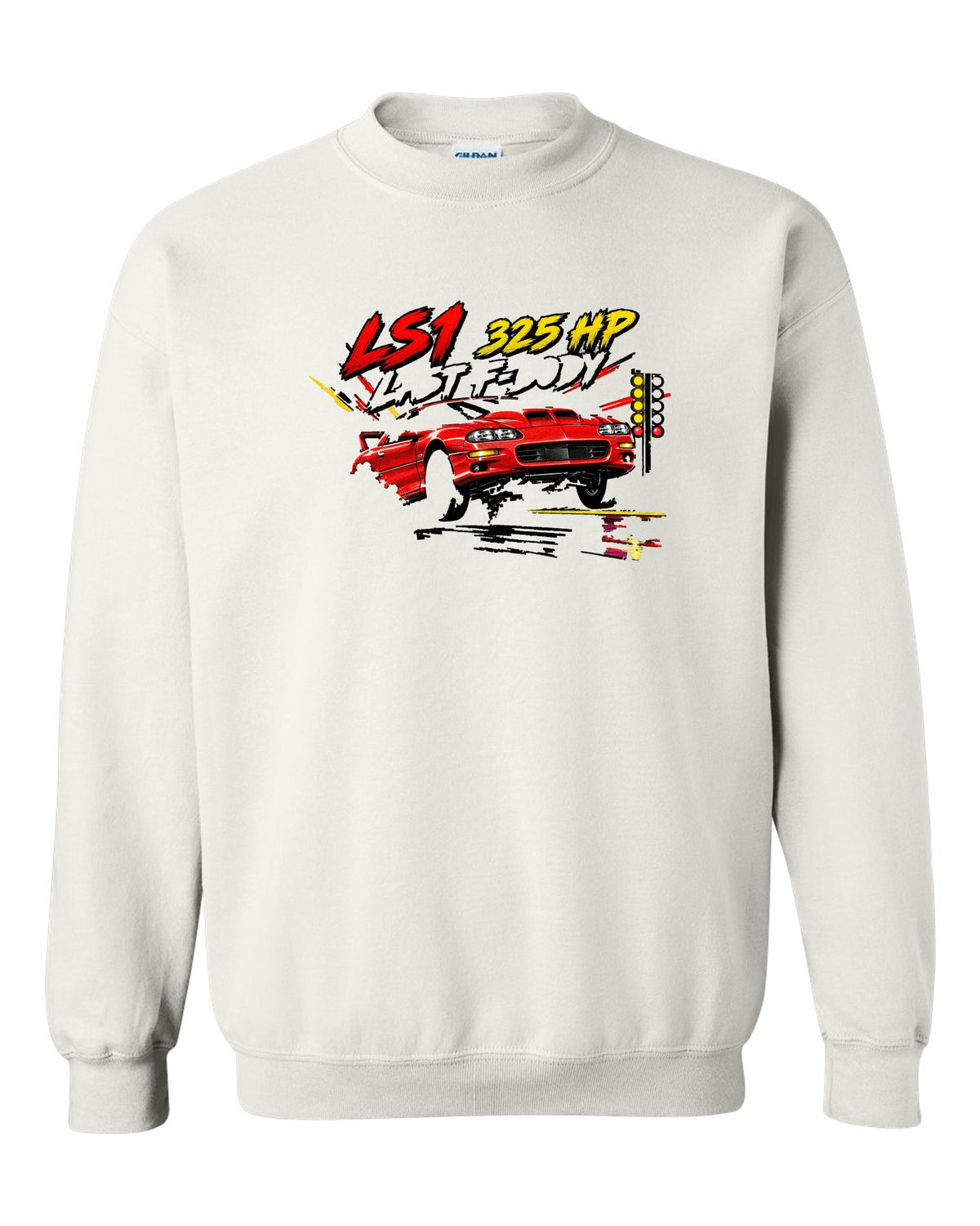 2002 Chevrolet Camaro SS LS1 retro manga halftone panel print white crewneck front view with the design