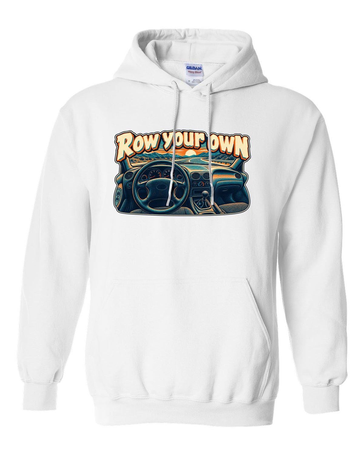 Risograph halftone Ford Mustang SN95 with the words Row your own white pull over hoodie front view with the design