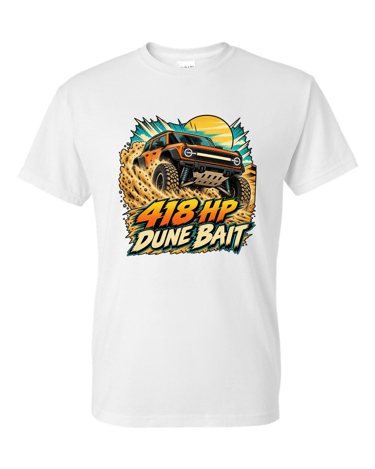 Ford Bronco Raptor U725 in a retro manga halftone dune panel print white t-shirt front view with the design