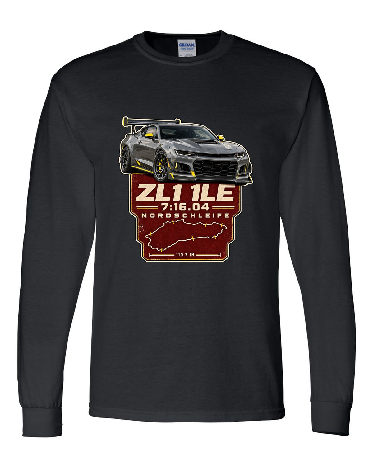 Lap time poster print of a Chevrolet Camaro ZL1 1LE black long sleeve front view with the design