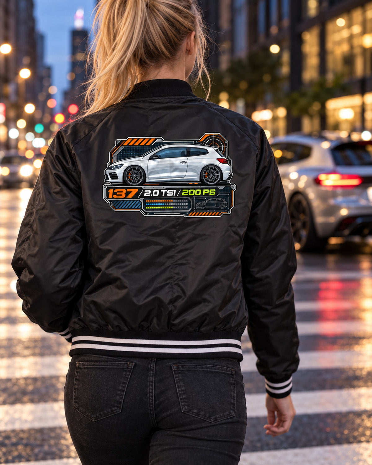 VW Scirocco Mk3 2.0 TSI 200 PS Spec Sheet Data Plate Shirt Bomber Jacket Black worn hero