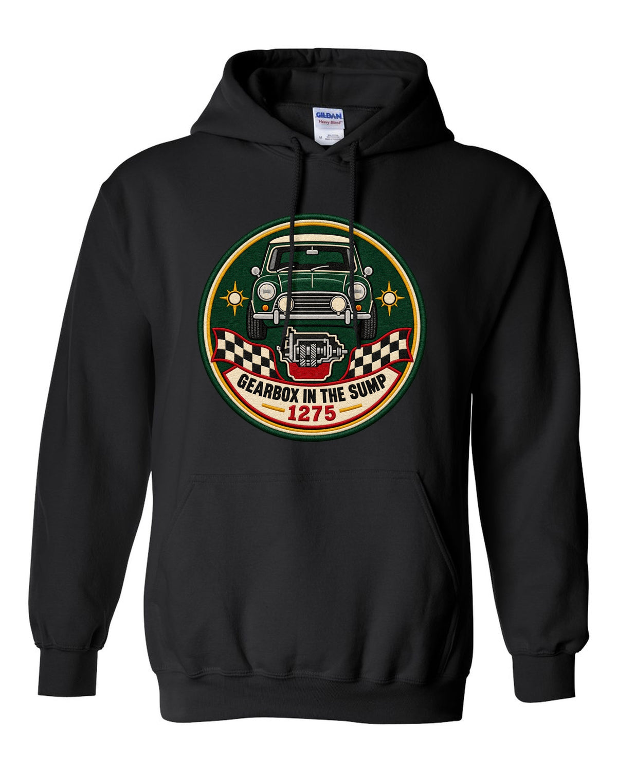 Round crest for the classic Mini Cooper S ADO15 with gearbox in the sump lettering black pull over hoodie front view with the design