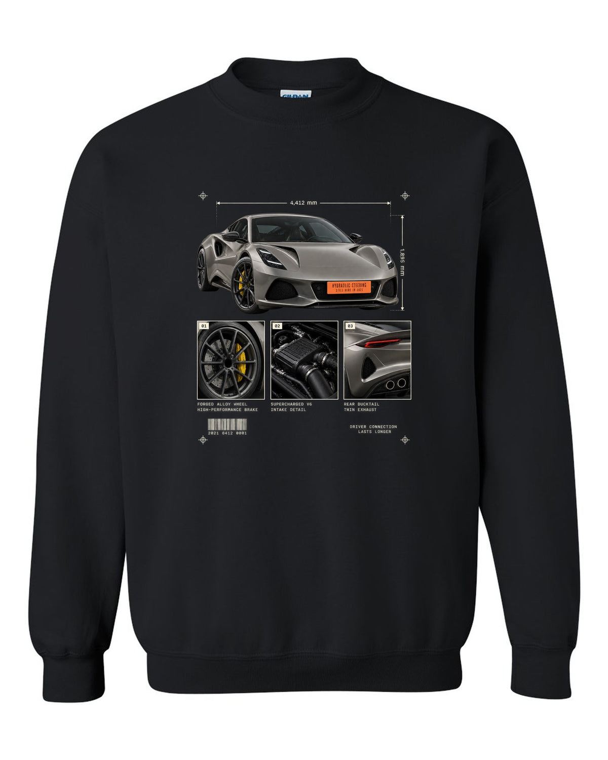 Lotus Emira V6 2021 hero view with three detail panels print with hydraulic steering text black crewneck front view with the design