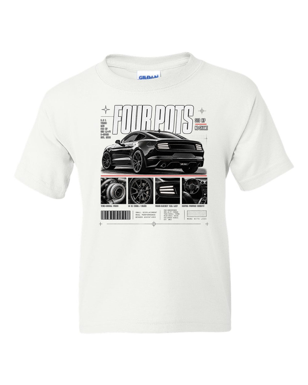 Dossier panel print of a 2015-17 Ford Mustang S550 EcoBoost fastback white kids tee front view with the design