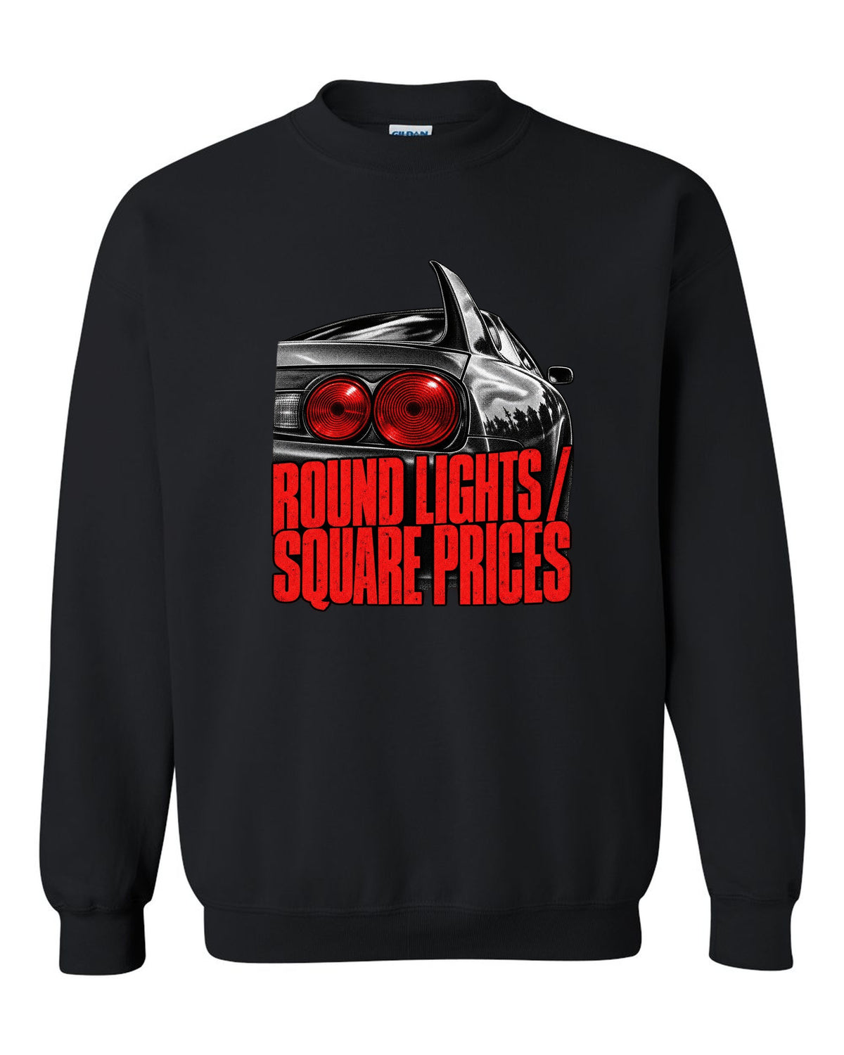 print of a Toyota Supra A80 JZA80 round taillight close-up with the text Round Lights Square Prices black crewneck front view with the design