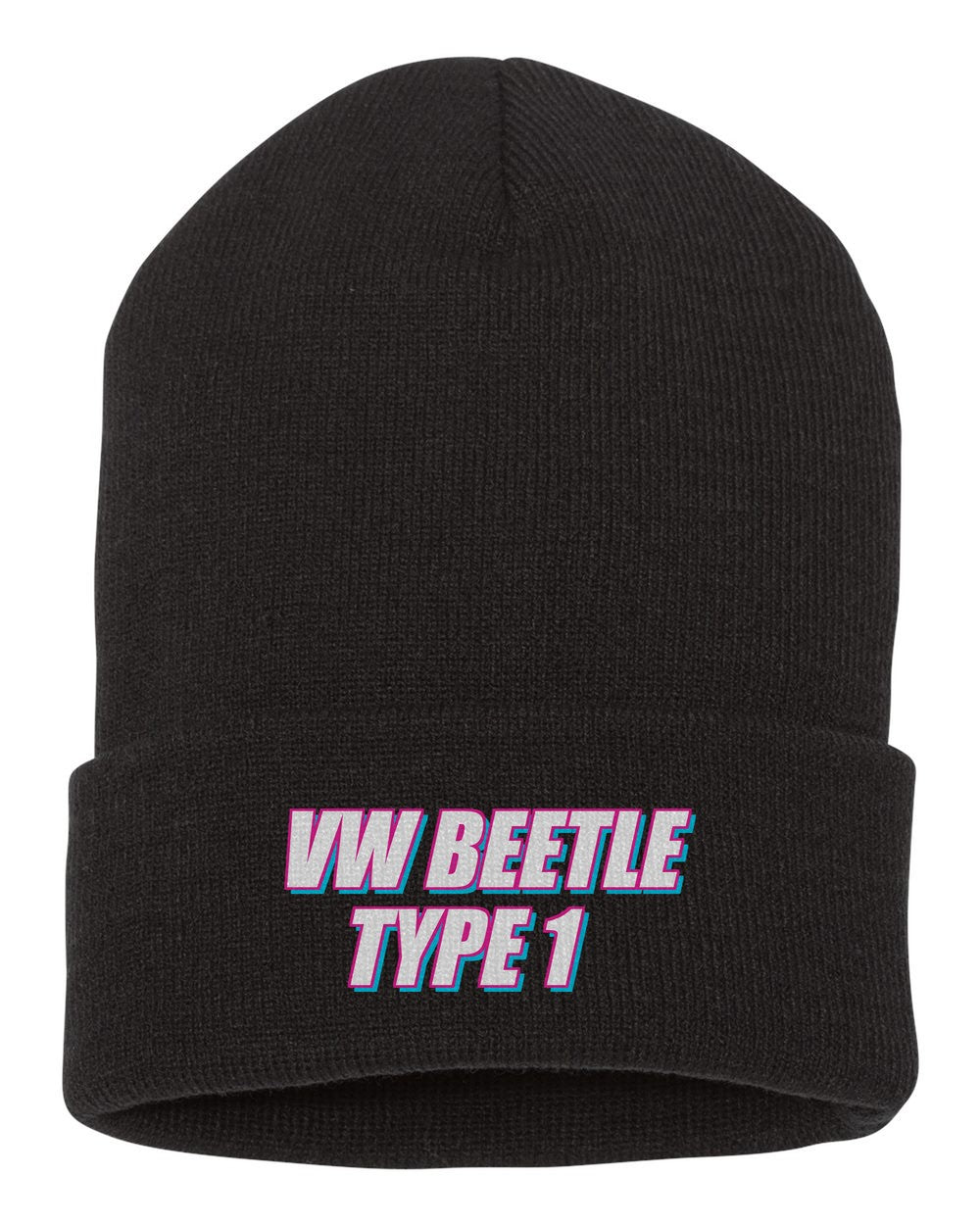 Vw Beetle Type 1 black beanie front view with car name