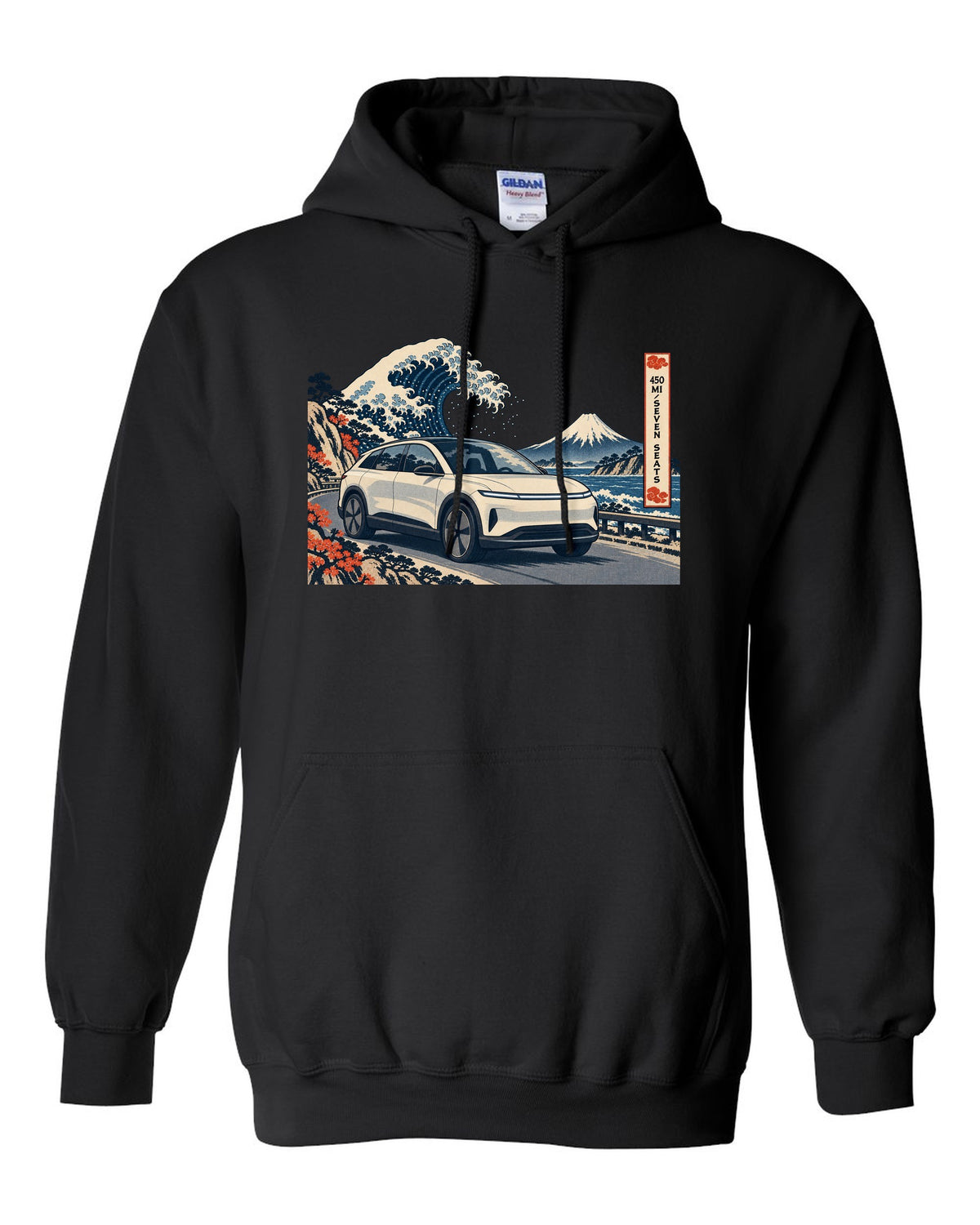 Lucid Gravity ukiyo-e woodblock ridge line print with the text 450 mi seven seats black pull over hoodie front view with the design